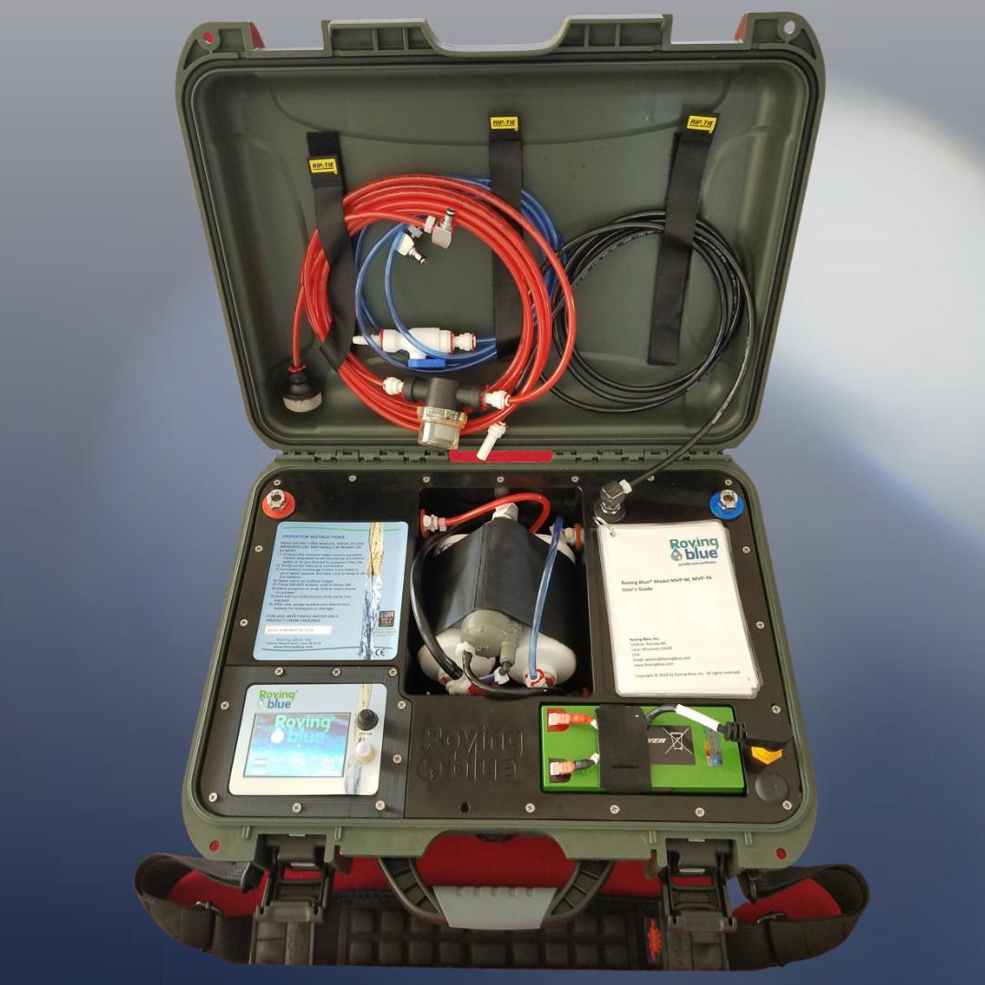 Is a battery included in the Roving Blue MVP® Water Purification System's MVP image?