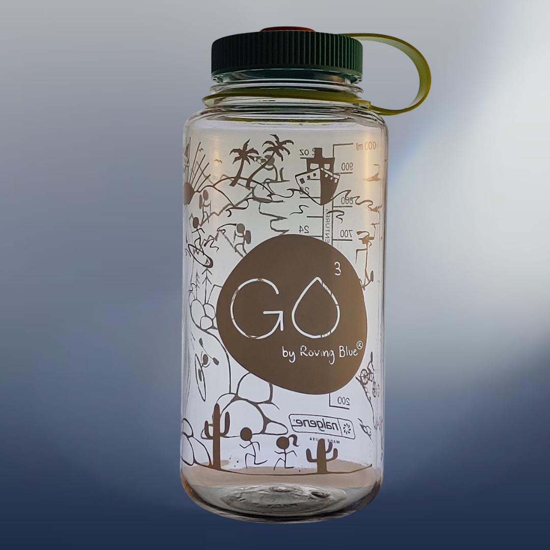 Does the GO3™ blue water bottle have a special exterior design?